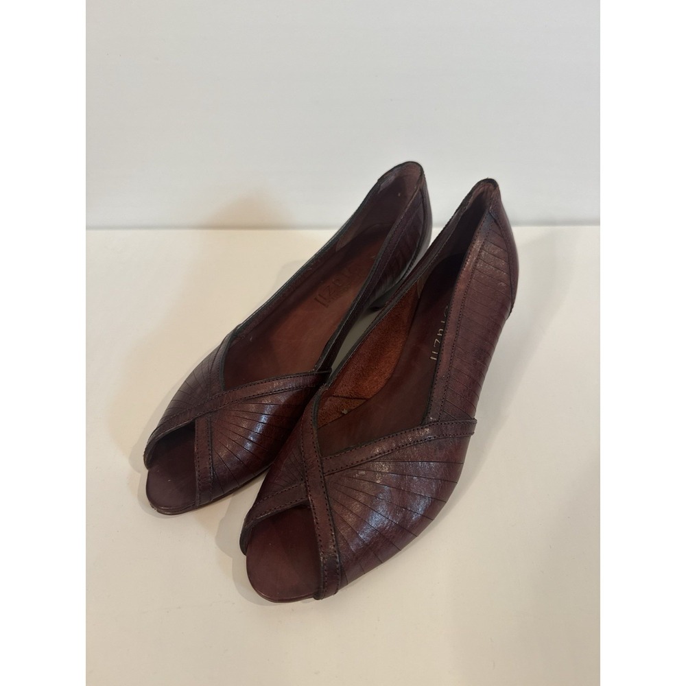 Vintage GH Bass Red Brown Pleated Leather Peep Toe Low Wedge Pumps Shoes 8.5 B